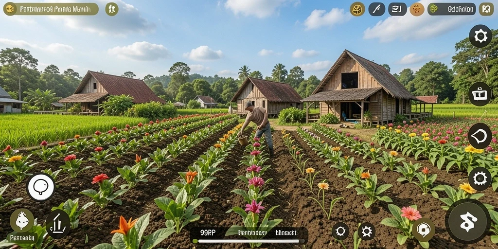 Tampilan gameplay menarik di 99RP dengan aktivitas bertani.