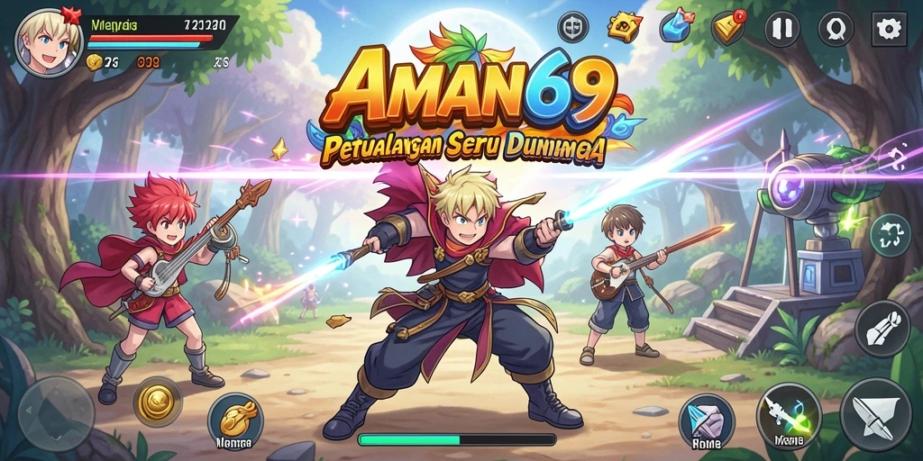 Screenshot utama AMAN69 menunjukkan karakter anime yang beraksi di dunia fantastis.