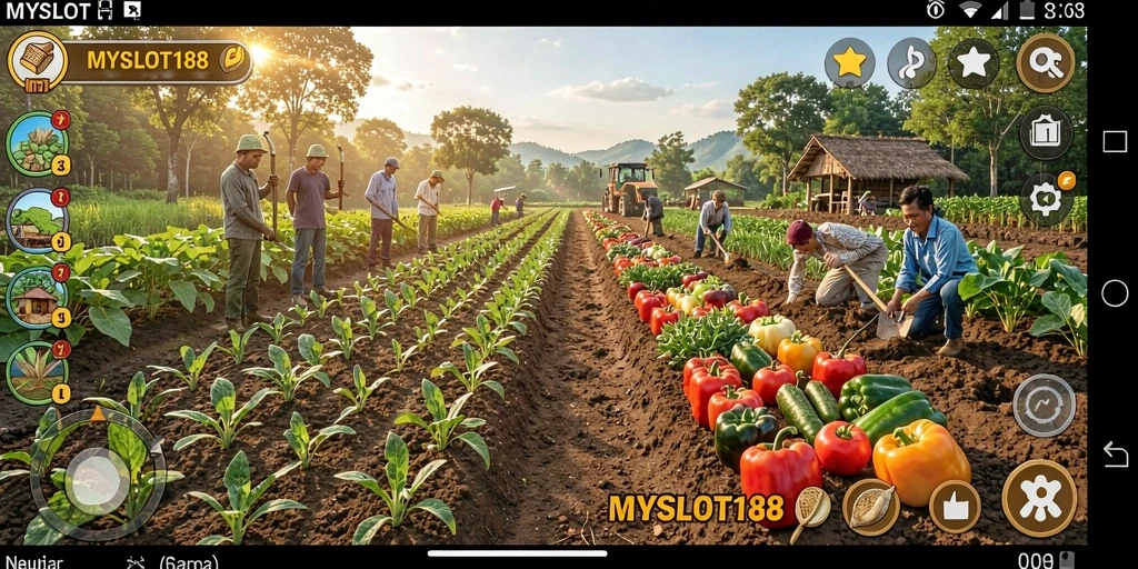 Tangkapan layar menunjukkan pemain merawat tanaman di ladang MYSLOT188.