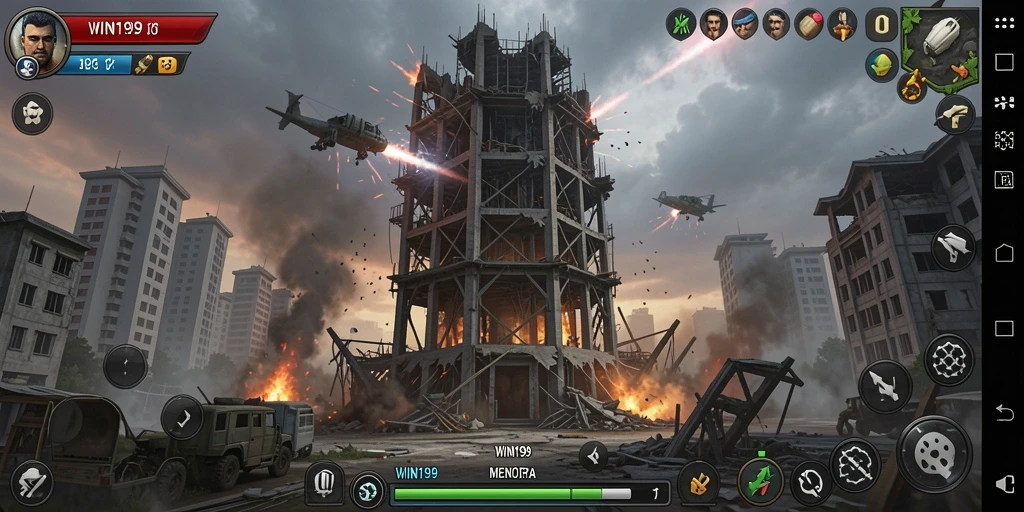 Tangkapan layar gameplay WIN199 menampilkan pertempuran menara yang seru.