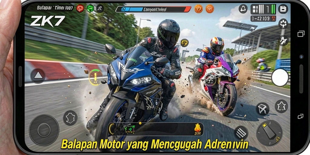 Gameplay ZK7 yang mendebarkan dalam balapan motor.
